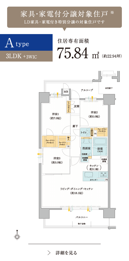 Atype 3LDK+3WIC 75.84㎡