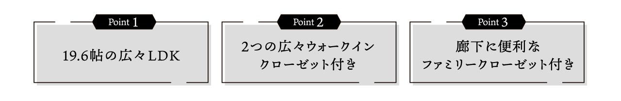 Point1 19.6帖の広々LDK　Point2 2つの広々ウォークインクローゼット付き　Point3 廊下に便利なファミリークローゼット付き