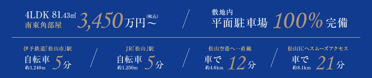 販売価格 4LDK 3,450万円～（税込）／敷地内平面駐車場 100%完備／伊予鉄道｢松山市｣駅 自転車 約1,240m 5分／JR｢松山｣駅 自転車 約1,250m 5分／松山空港へ一直線 車で 約4.6km 12分／松山ICへスムーズアクセス 車で 約8.1km 21分